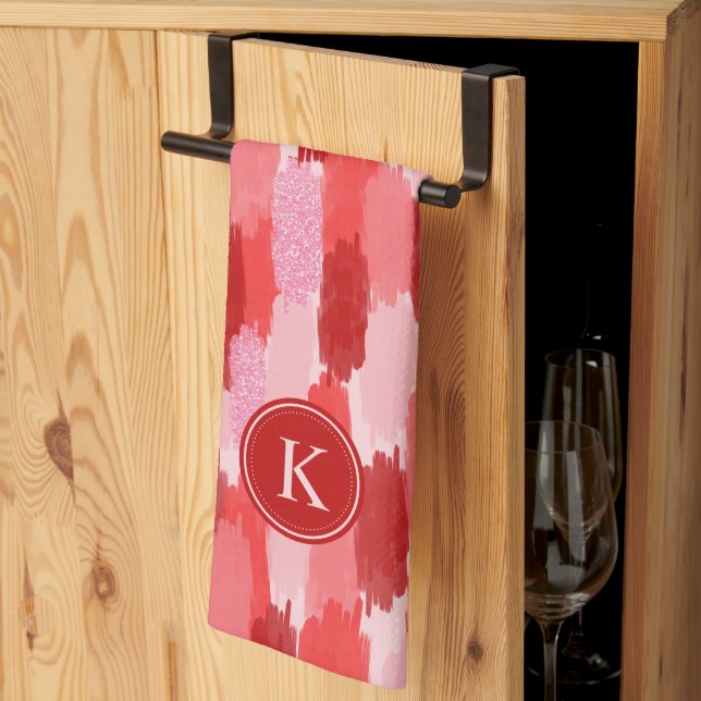 Red Pink Abstract Brushstrokes Pattern Monogram  Kitchen Towel (Thirds Fold)
