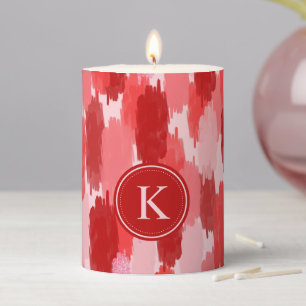 Red Pink Abstract Brushstrokes Pattern Monogram Pillar Candle
