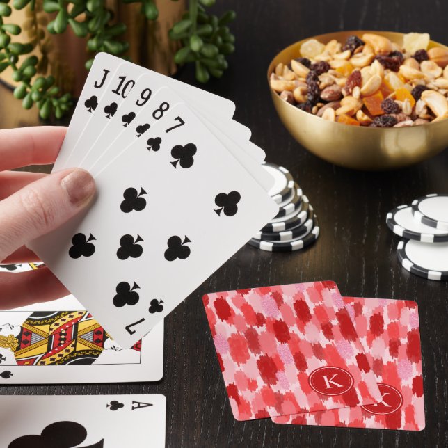Red Pink Abstract Brushstrokes Pattern Monogram Poker Cards (In Situ)