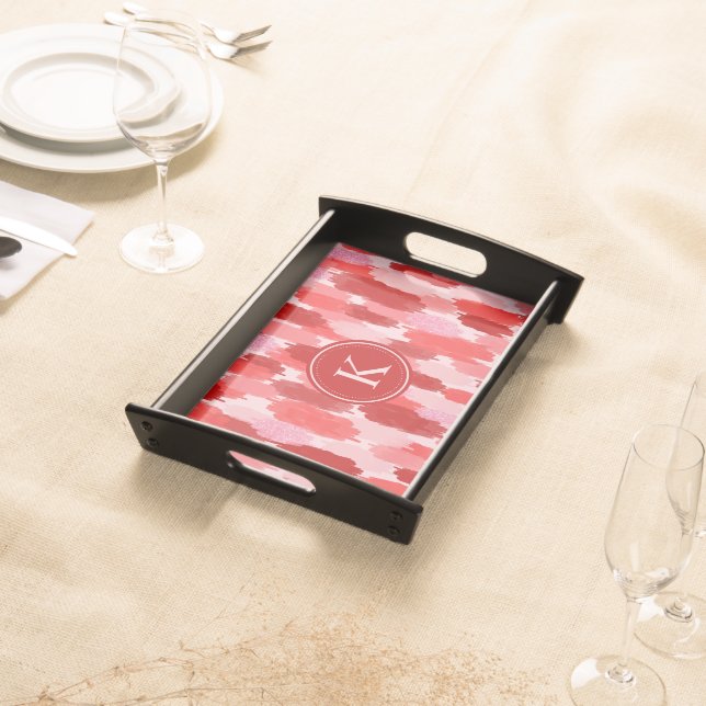Red Pink Abstract Brushstrokes Pattern Monogram  Serving Tray (Front)