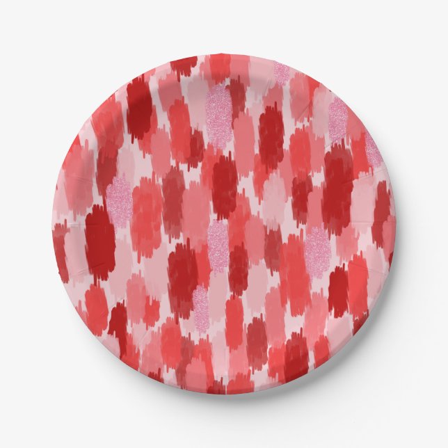 Red Pink Abstract Brushstrokes Pattern Paper Plates (Front)