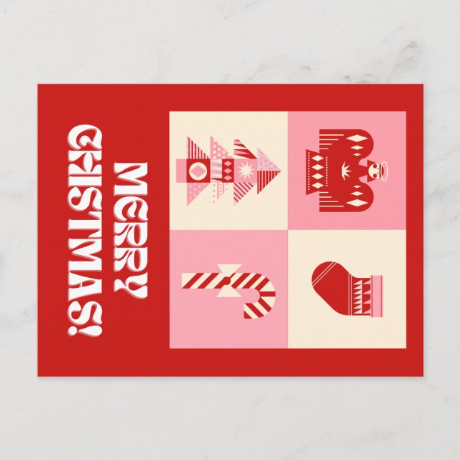 Red Pink and Beige Retro Geometric Greeting Merry  Holiday Postcard (Front)