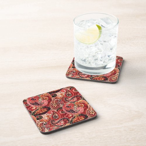 Red Pink and Black Vintage Paisley Floral Beverage Coaster