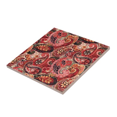 Red Pink and Black Vintage Paisley Floral Ceramic Tile