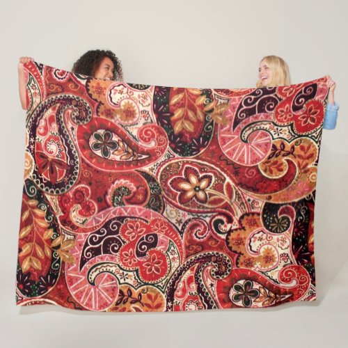 Red Pink and Black Vintage Paisley Floral Fleece Blanket