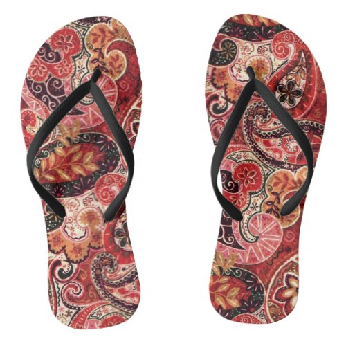 Red Pink and Black Vintage Paisley Floral Flip Flops