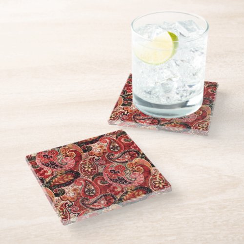 Red Pink and Black Vintage Paisley Floral Glass Coaster