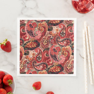 Red, Pink and Black Vintage Paisley Floral Paper Dinner Napkins