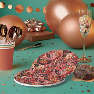 Red, Pink and Black Vintage Paisley Floral Paper Plates