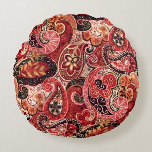 Red Pink and Black Vintage Paisley Floral Round Pillow