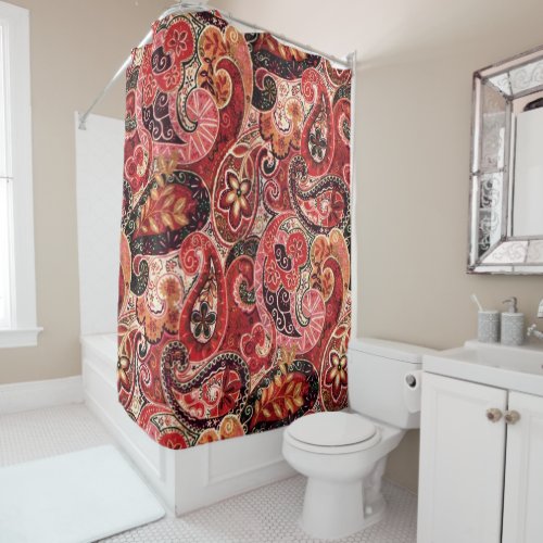 Red Pink and Black Vintage Paisley Floral Shower Curtain