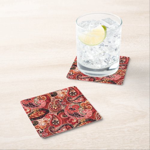 Red Pink and Black Vintage Paisley Floral Square Paper Coaster