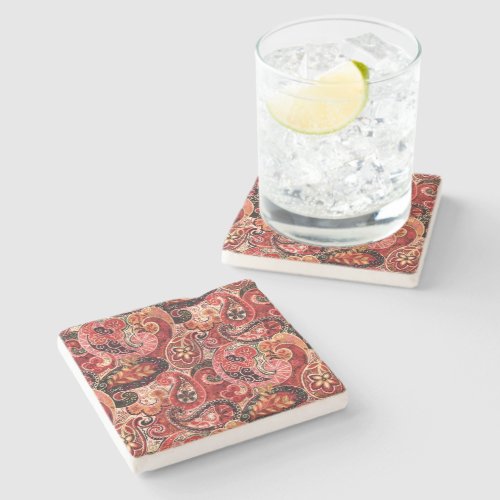 Red Pink and Black Vintage Paisley Floral Stone Coaster