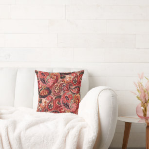 Red, Pink and Black Vintage Paisley Floral Throw Pillow