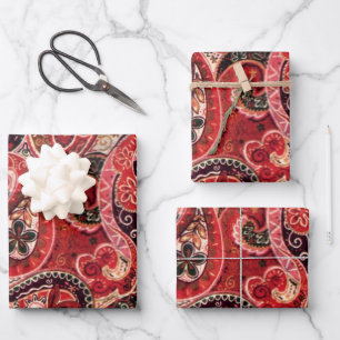 Red, Pink and Black Vintage Paisley Floral Wrapping Paper Sheets
