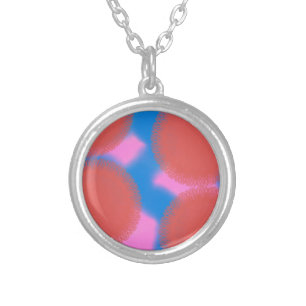 red pink and blue 56789 abstract art silver plated necklace