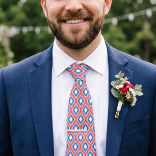 Red Pink and Blue Colorful Ogee Ikat Pattern Neck Tie