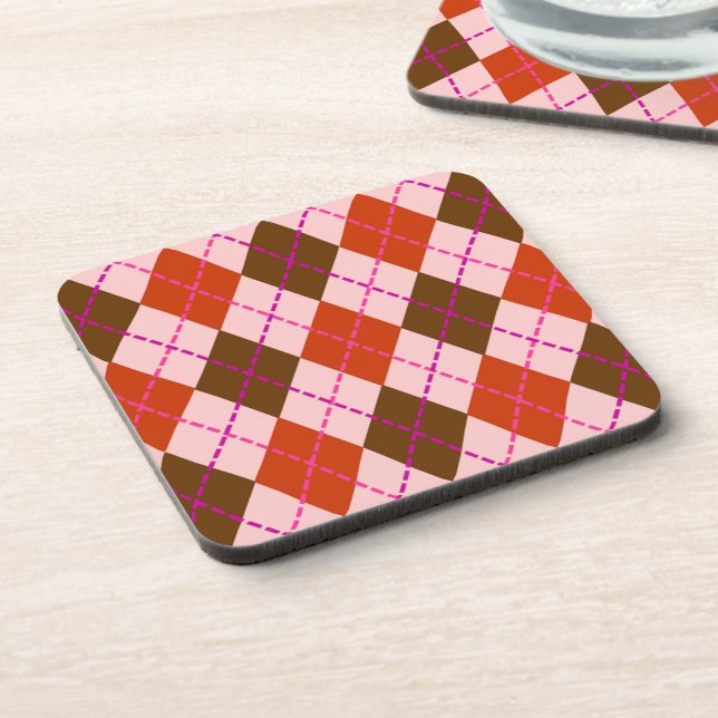Red Pink and Brown Argyle Pattern Beverage Coaster (Left Side)