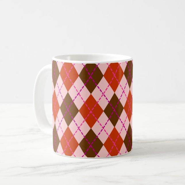 Red Pink and Brown Argyle Pattern Coffee Mug (Front Left)