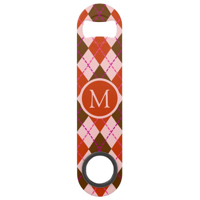 Red Pink and Brown Argyle Pattern Monogram Bar Key (Front)