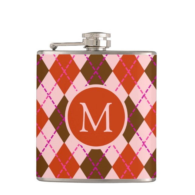 Red Pink and Brown Argyle Pattern Monogram Flask (Front)