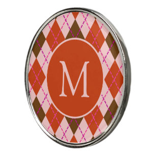 Red Pink and Brown Argyle Pattern Monogram Golf Ball Marker