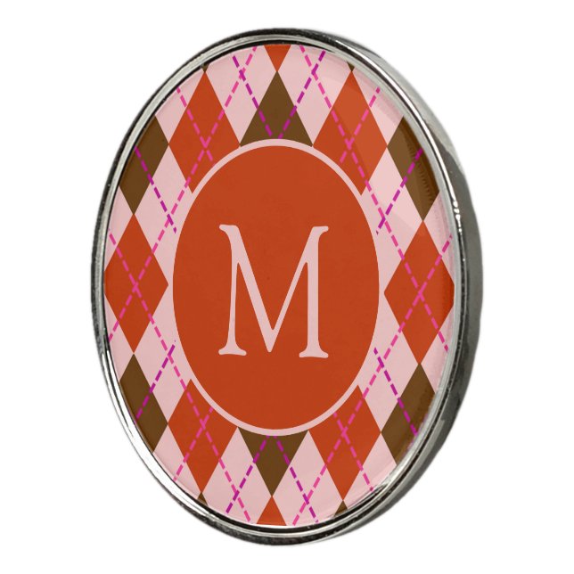 Red Pink and Brown Argyle Pattern Monogram Golf Ball Marker (3/4)