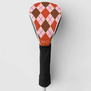 Red Pink and Brown Argyle Pattern Monogram Golf Head Cover