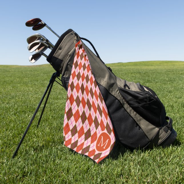 Red Pink and Brown Argyle Pattern Monogram Golf Towel (Green)