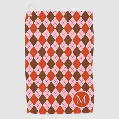 Red Pink and Brown Argyle Pattern Monogram Golf Towel