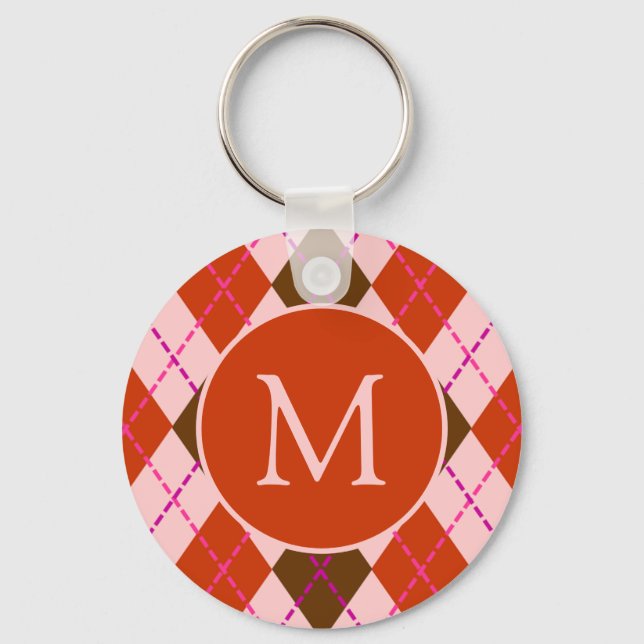 Red Pink and Brown Argyle Pattern Monogram Keychain (Front)
