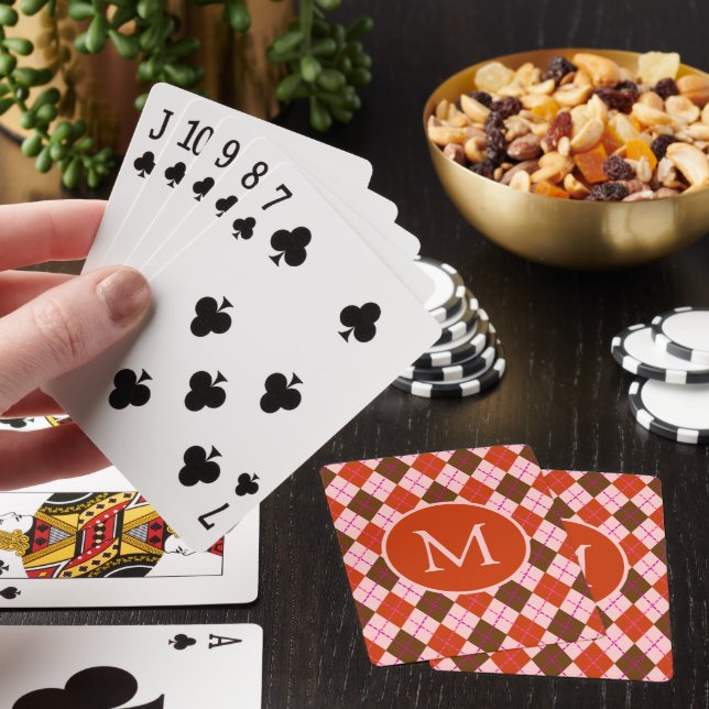 Red Pink and Brown Argyle Pattern Monogram Poker Cards (In Situ)