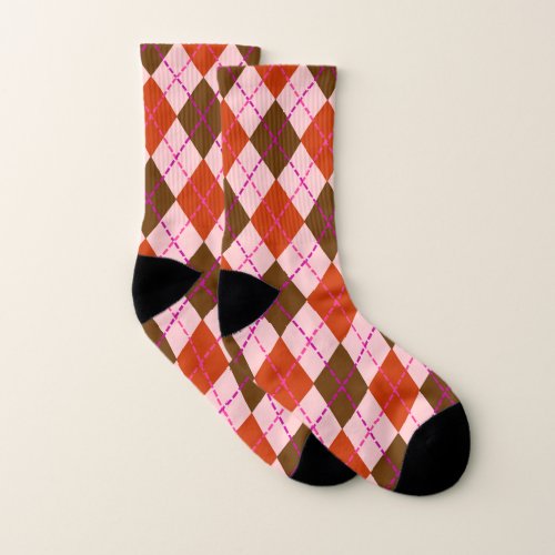 Red Pink and Brown Argyle Pattern Socks
