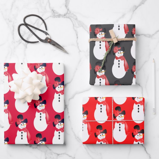 Red Pink and Gray Snowman Wrapping Paper Sheets (Front)