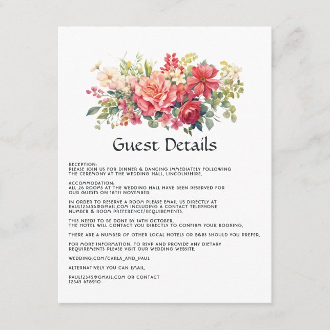 Red, Pink, and Green Floral Wedding Guest Details Enclosure Card (Front)