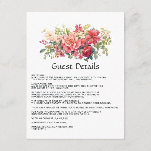 Red Pink and Green Floral Wedding Guest Details Enclosure Card