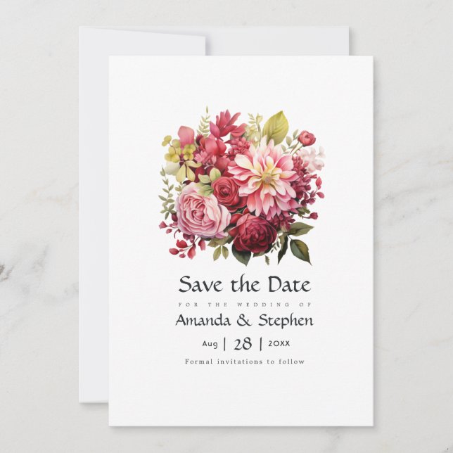Red, Pink, and Green Floral Wedding Save The Date (Front)