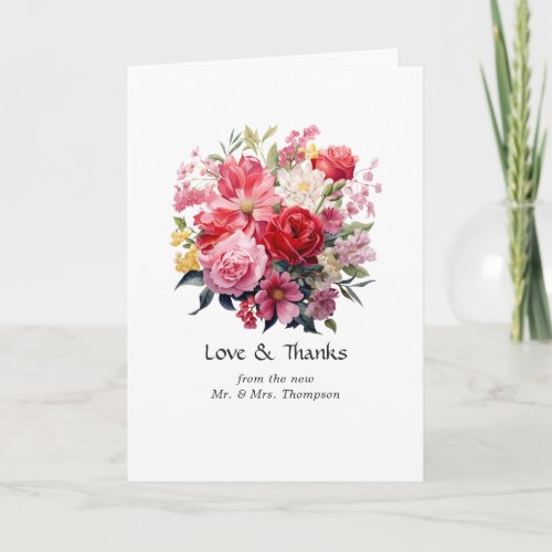 Red Pink and Green Floral Wedding Thank You Card