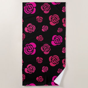 Red Pink and Magenta Roses on Black Background Beach Towel