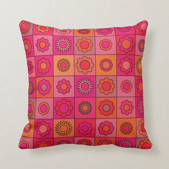 Red Pink and Orange Hippie Flower Pattern Throw Pillows