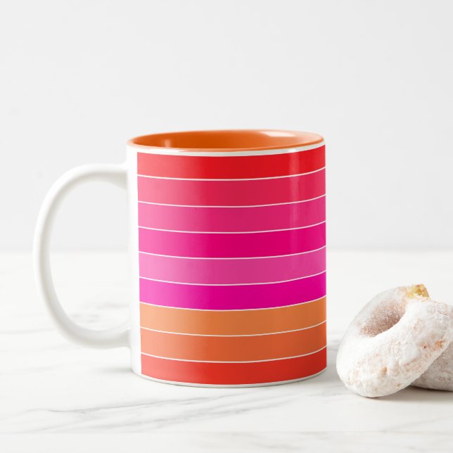 Red, Pink and Orange Stripes Two-Tone Coffee Mug (With Donut)