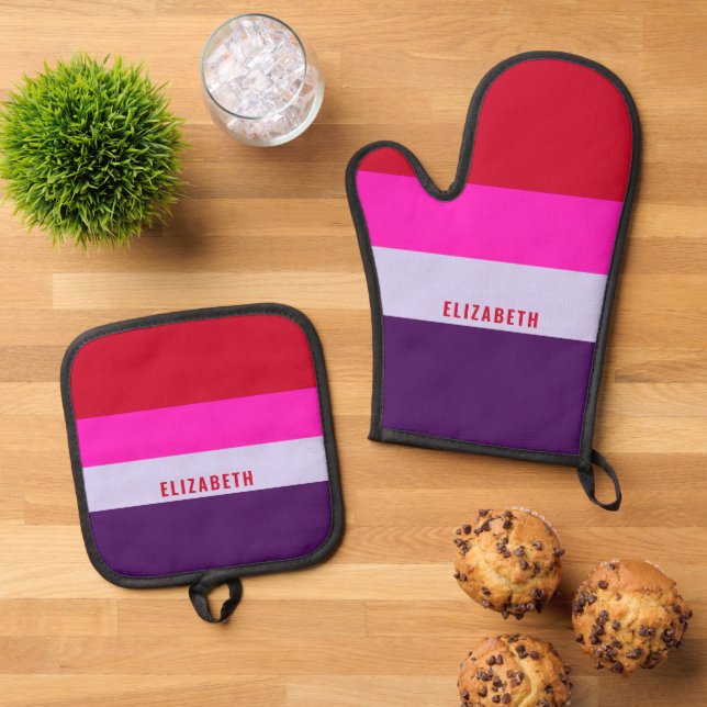 Red, Pink and Purple Stripes Pattern Personalised Oven Mitt & Pot Holder Set (Top Down)