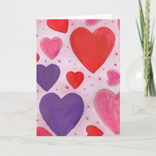 Red Pink and Purple Valentine's Day Hearts Design Holiday Card (Front)