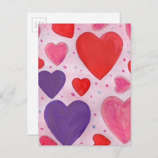 Red Pink and Purple Valentine's Day Hearts Design Holiday Postcard (Front/Back)