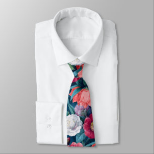 Red, Pink and White Peony and Lily Flowers Neck Tie