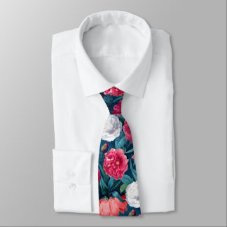 Red, Pink and White Peony and Lily Flowers Neck Tie