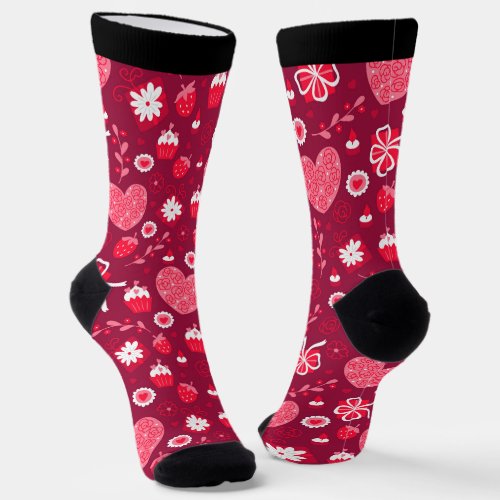 Red pink and white Valentines hearts pattern Socks