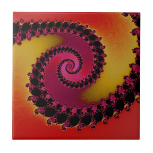 Red Pink and Yellow Sunrise Spiral Fractal  Ceramic Tile