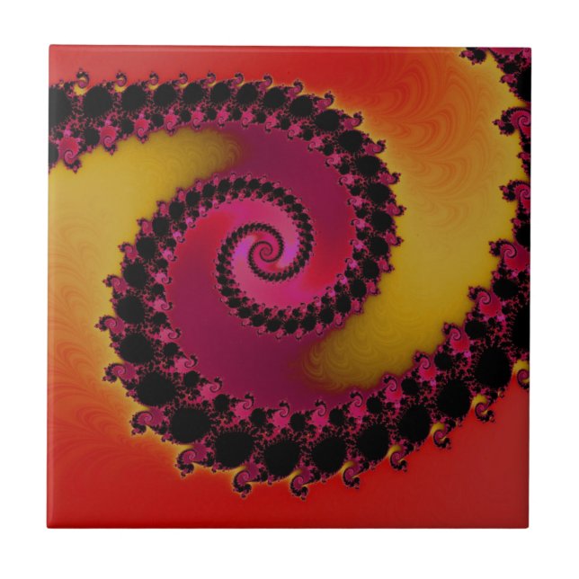 Red Pink and Yellow Sunrise Spiral Fractal  Ceramic Tile (Front)