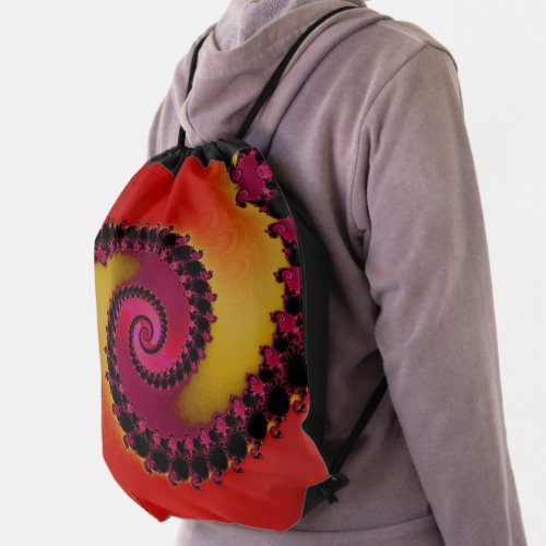 Red Pink and Yellow Sunrise Spiral Fractal Drawstring Bag